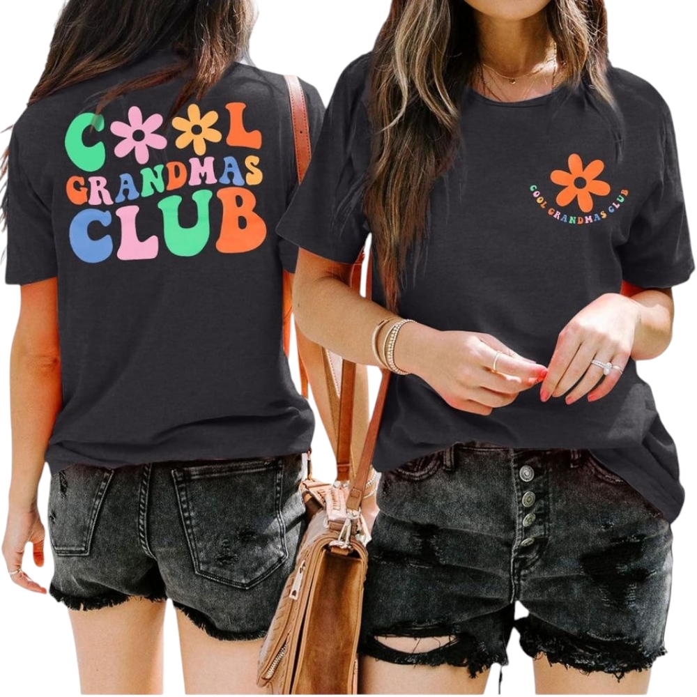 🆕 Women's Dark Heather Gray T-shirt With Cool Grandma's Club Screen Print